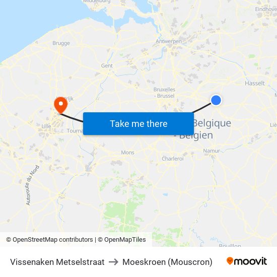 Vissenaken Metselstraat to Moeskroen (Mouscron) map