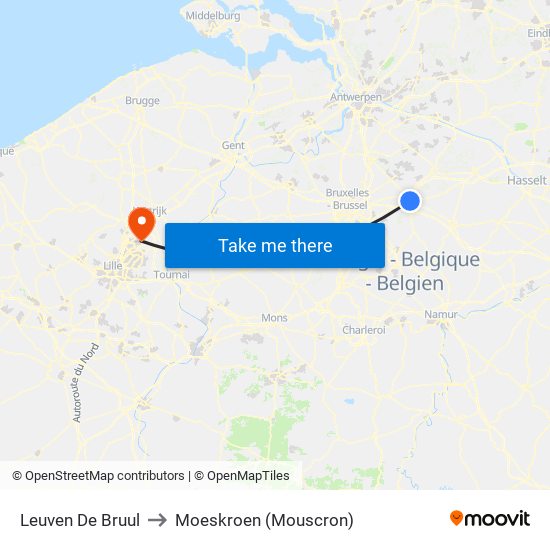 Leuven De Bruul to Moeskroen (Mouscron) map