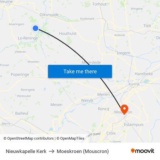 Nieuwkapelle Kerk to Moeskroen (Mouscron) map