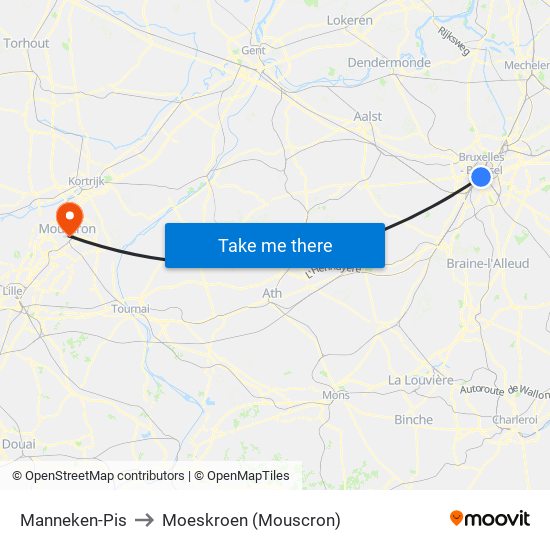Manneken-Pis to Moeskroen (Mouscron) map