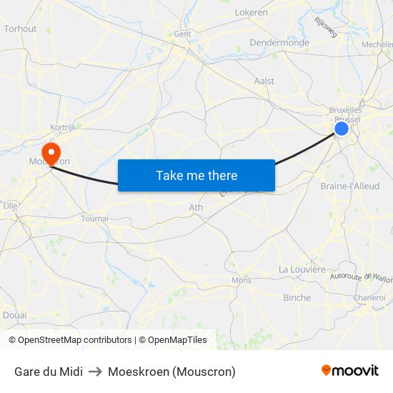 Gare du Midi to Moeskroen (Mouscron) map