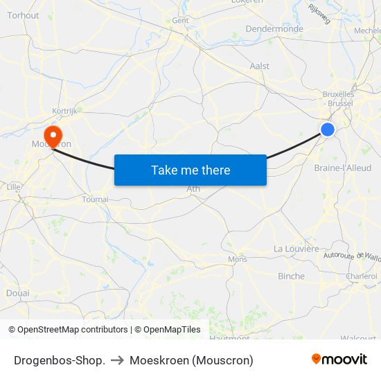 Drogenbos-Shop. to Moeskroen (Mouscron) map