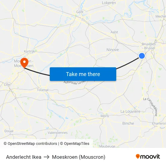 Anderlecht Ikea to Moeskroen (Mouscron) map