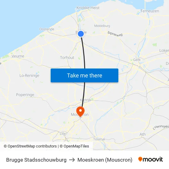 Brugge Stadsschouwburg to Moeskroen (Mouscron) map