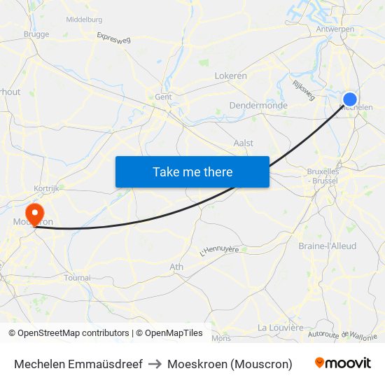 Mechelen Emmaüsdreef to Moeskroen (Mouscron) map