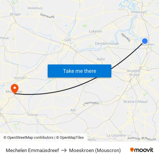 Mechelen Emmaüsdreef to Moeskroen (Mouscron) map