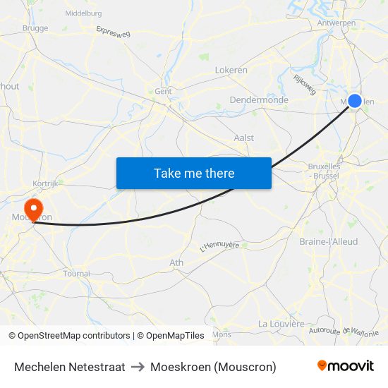 Mechelen Netestraat to Moeskroen (Mouscron) map