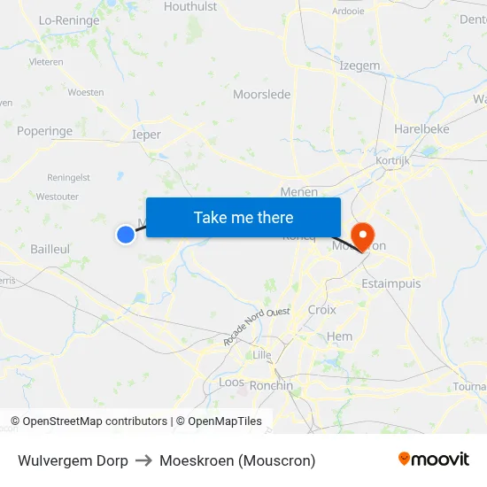 Wulvergem Dorp to Moeskroen (Mouscron) map