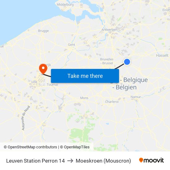 Leuven Station Perron 14 to Moeskroen (Mouscron) map