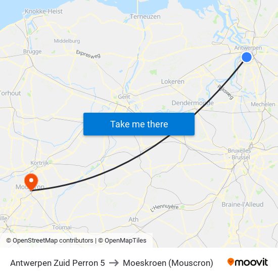 Antwerpen Zuid Perron 5 to Moeskroen (Mouscron) map