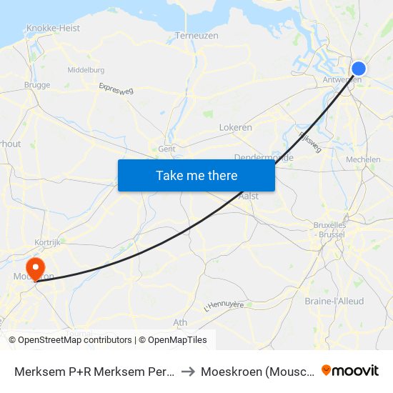 Merksem P+R Merksem Perron 1 to Moeskroen (Mouscron) map