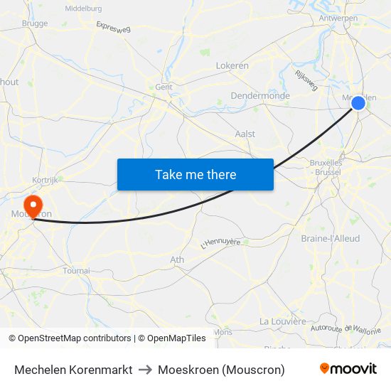 Mechelen Korenmarkt to Moeskroen (Mouscron) map