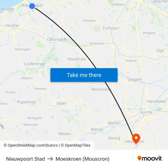 Nieuwpoort Stad to Moeskroen (Mouscron) map