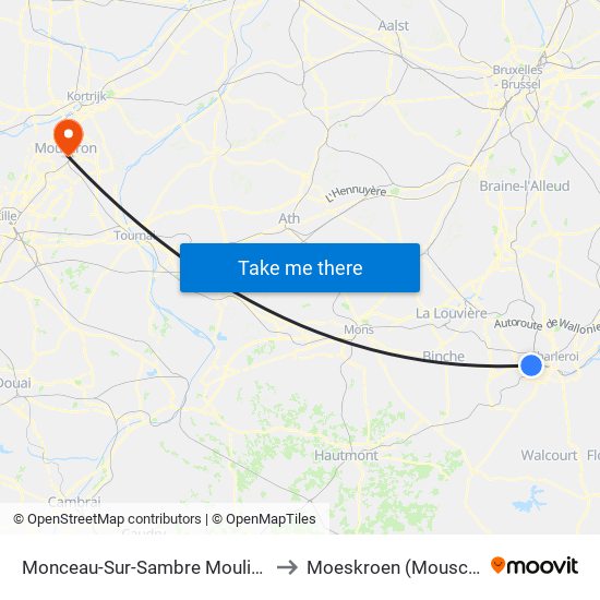 Monceau-Sur-Sambre Moulin (M) to Moeskroen (Mouscron) map