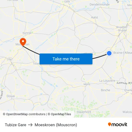 Tubize Gare to Moeskroen (Mouscron) map