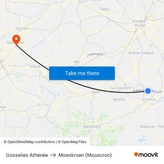 Gosselies Athénée to Moeskroen (Mouscron) map