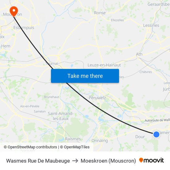 Wasmes Rue De Maubeuge to Moeskroen (Mouscron) map