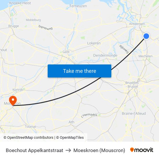 Boechout Appelkantstraat to Moeskroen (Mouscron) map