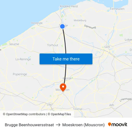 Brugge Beenhouwersstraat to Moeskroen (Mouscron) map