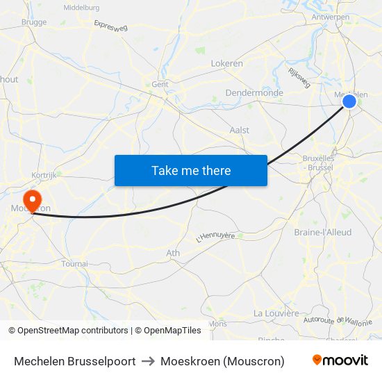 Mechelen Brusselpoort to Moeskroen (Mouscron) map
