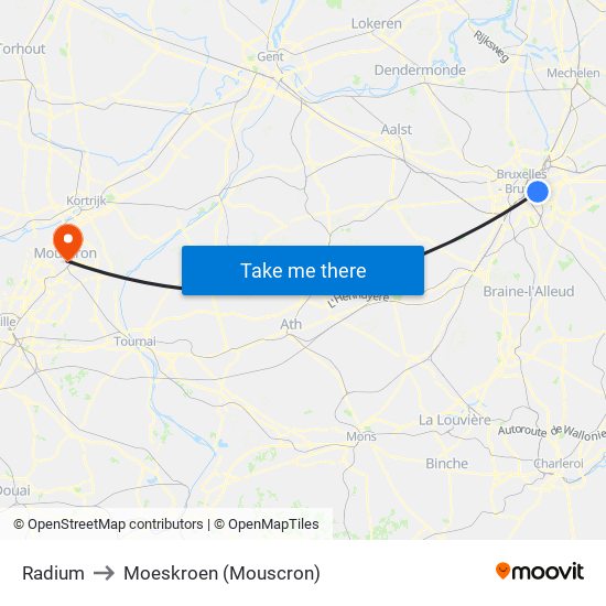 Radium to Moeskroen (Mouscron) map