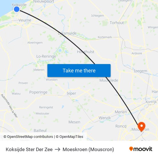 Koksijde Ster Der Zee to Moeskroen (Mouscron) map