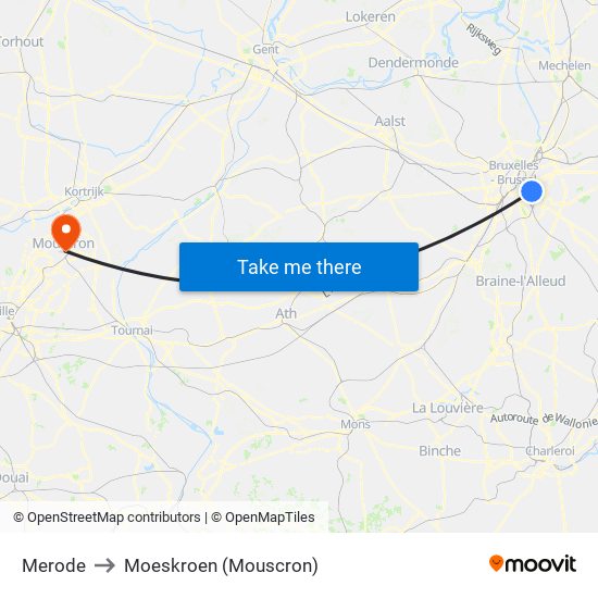 Merode to Moeskroen (Mouscron) map