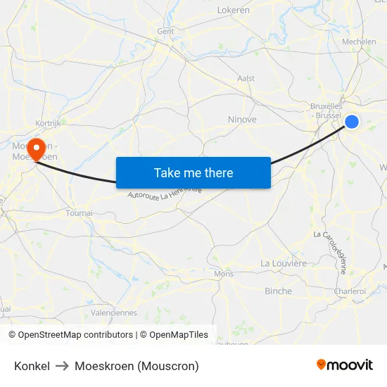 Konkel to Moeskroen (Mouscron) map