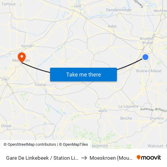 Gare De Linkebeek / Station Linkebeek to Moeskroen (Mouscron) map