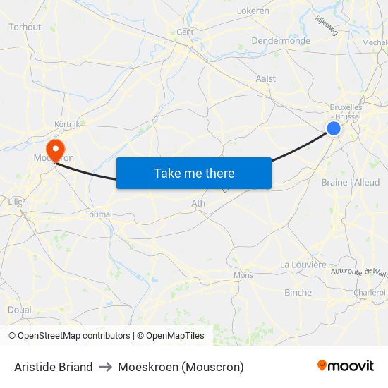 Aristide Briand to Moeskroen (Mouscron) map