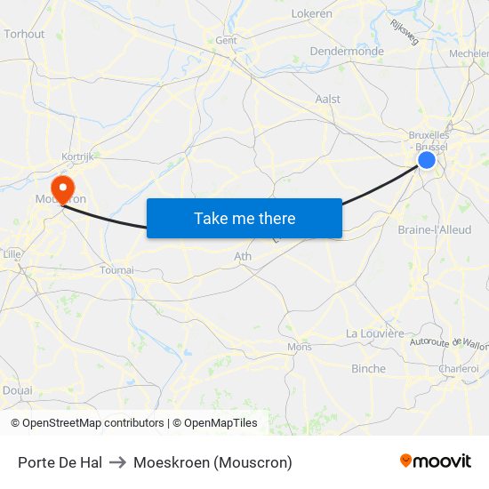 Porte De Hal to Moeskroen (Mouscron) map