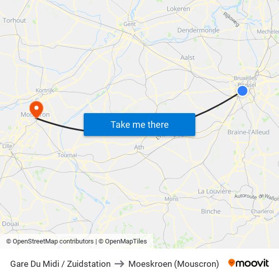 Gare Du Midi / Zuidstation to Moeskroen (Mouscron) map