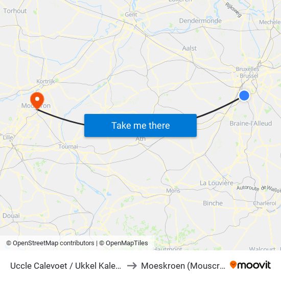 Uccle Calevoet / Ukkel Kalevoet to Moeskroen (Mouscron) map
