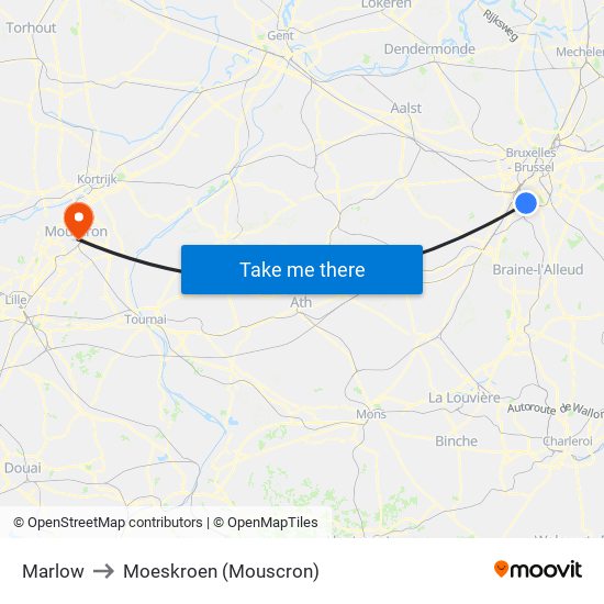 Marlow to Moeskroen (Mouscron) map