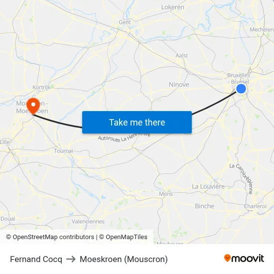 Fernand Cocq to Moeskroen (Mouscron) map