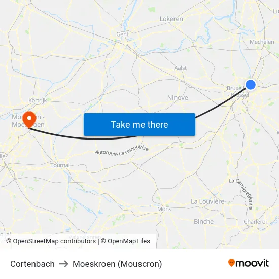 Cortenbach to Moeskroen (Mouscron) map