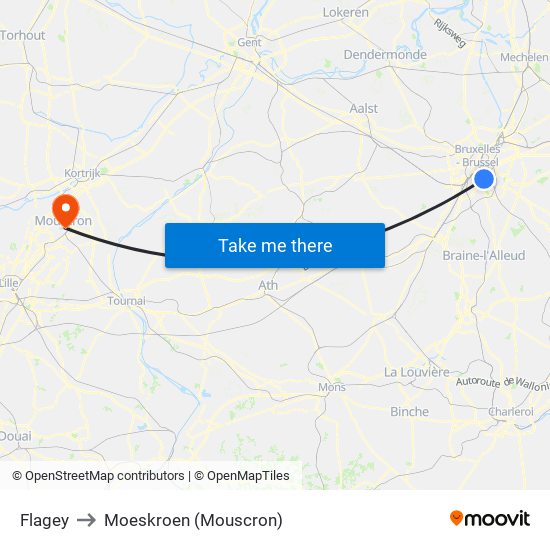 Flagey to Moeskroen (Mouscron) map