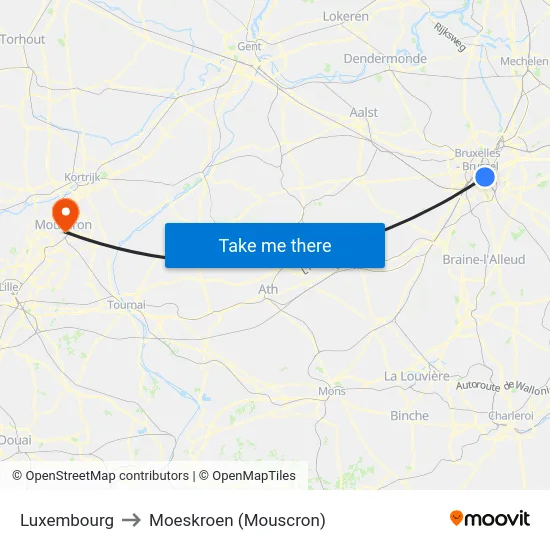 Luxembourg to Moeskroen (Mouscron) map