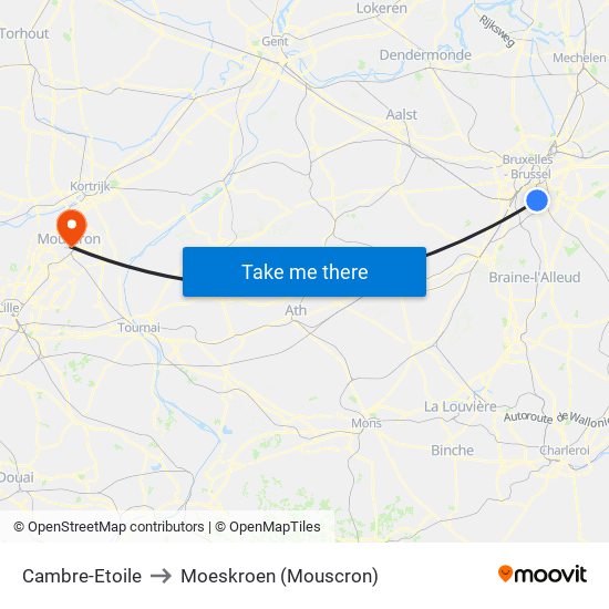 Cambre-Etoile to Moeskroen (Mouscron) map