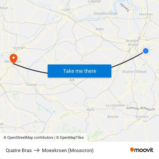 Quatre Bras to Moeskroen (Mouscron) map