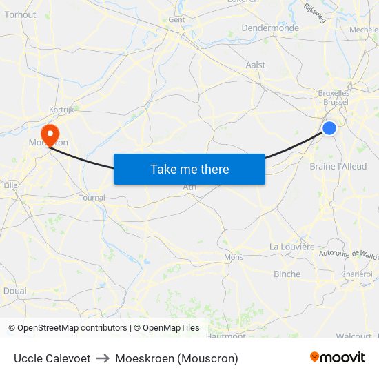 Uccle Calevoet to Moeskroen (Mouscron) map