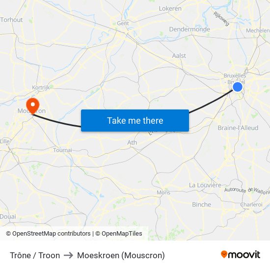 Trône / Troon to Moeskroen (Mouscron) map