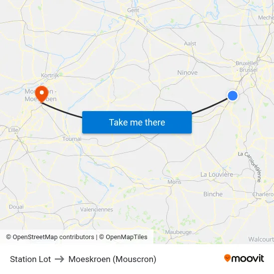 Station Lot to Moeskroen (Mouscron) map