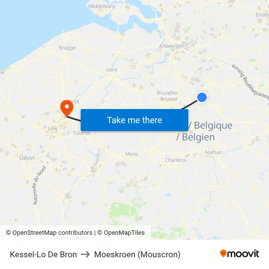 Kessel-Lo De Bron to Moeskroen (Mouscron) map