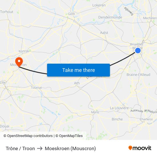 Trône / Troon to Moeskroen (Mouscron) map