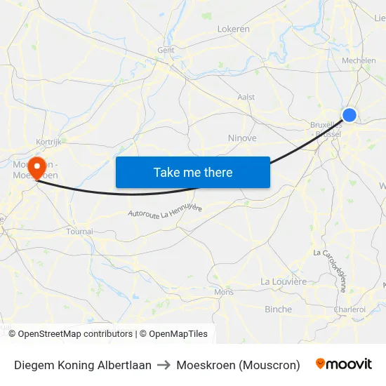 Diegem Koning Albertlaan to Moeskroen (Mouscron) map