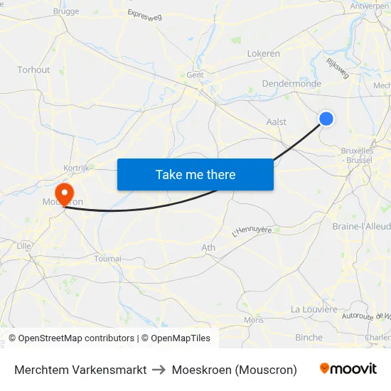 Merchtem Varkensmarkt to Moeskroen (Mouscron) map