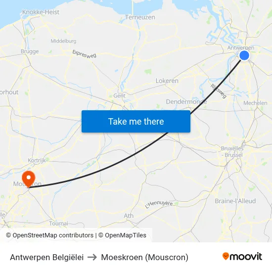 Antwerpen Belgiëlei to Moeskroen (Mouscron) map