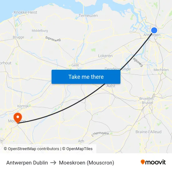 Antwerpen Dublin to Moeskroen (Mouscron) map