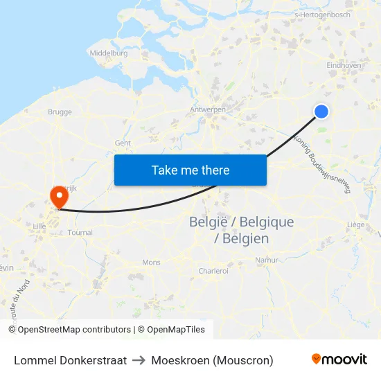 Lommel Donkerstraat to Moeskroen (Mouscron) map